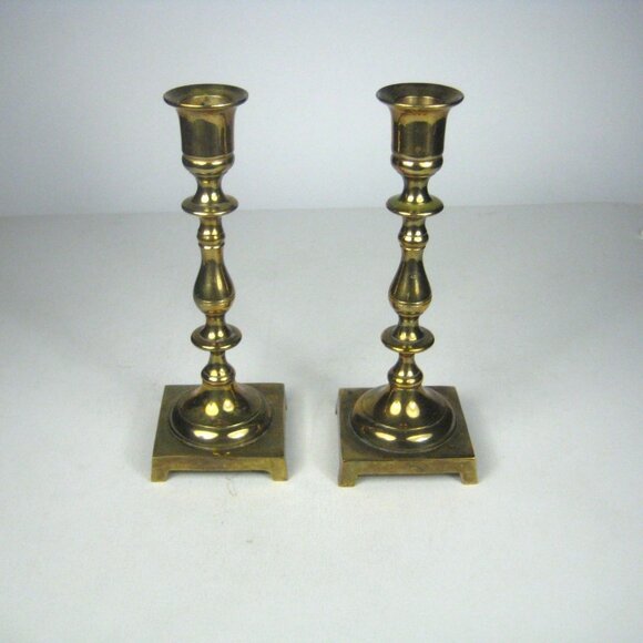 Vintage Brass Candlestick Holders Set of 2 Made in India Square Footed Base - Picture 5 of 10